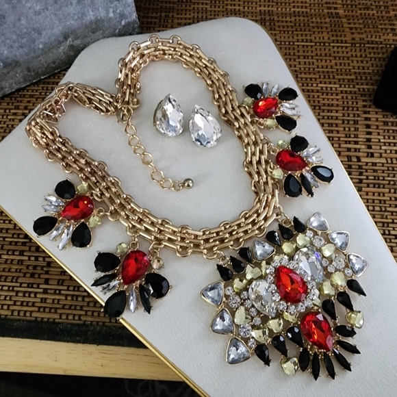 Statement Chunky Gold Chain Necklace Bold Geometric Pendants Teardrop Earrings - Picture 13 of 13